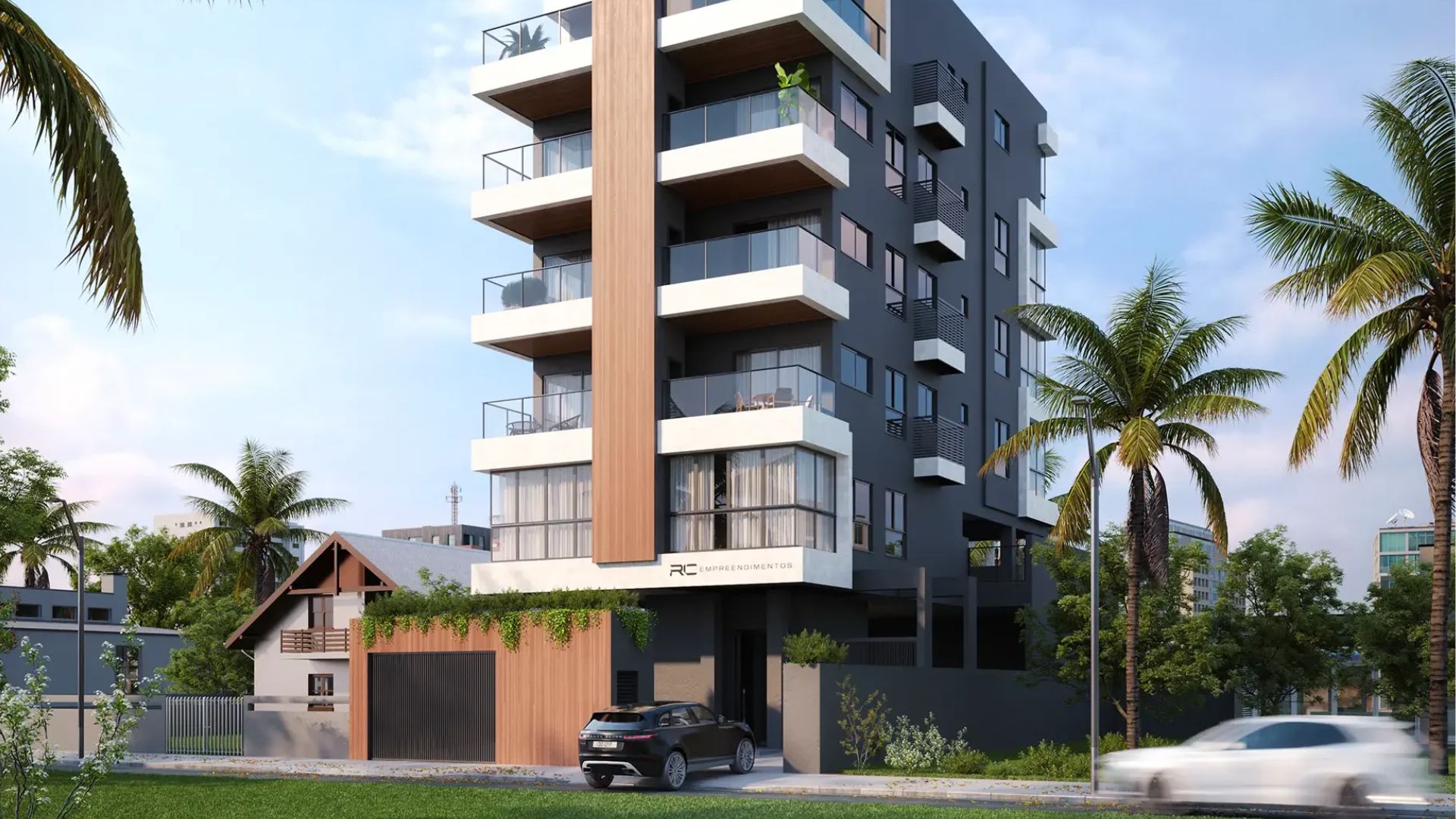 Fachada de edifício residencial de alto padrão em Bombinhas, usado como exemplo de imóvel com preço justo - Rocccoimob Imobiliária em Bombinhas