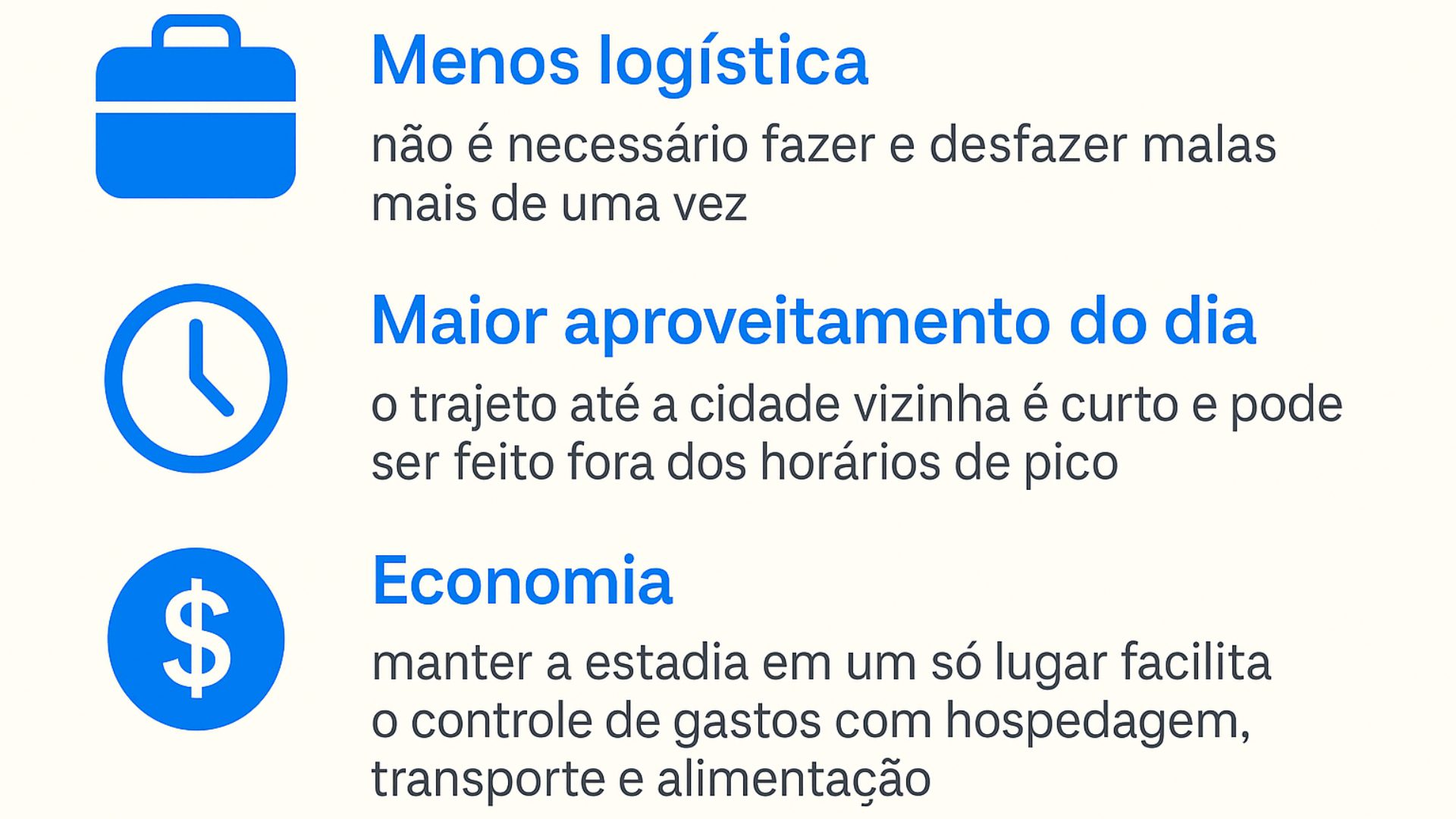 Infographic on how to organize the itinerary between Bombinhas and Balneário Camboriú highlighting three advantages of keeping accommodation in one place - Rocccoimob Real Estate in Bombinhas