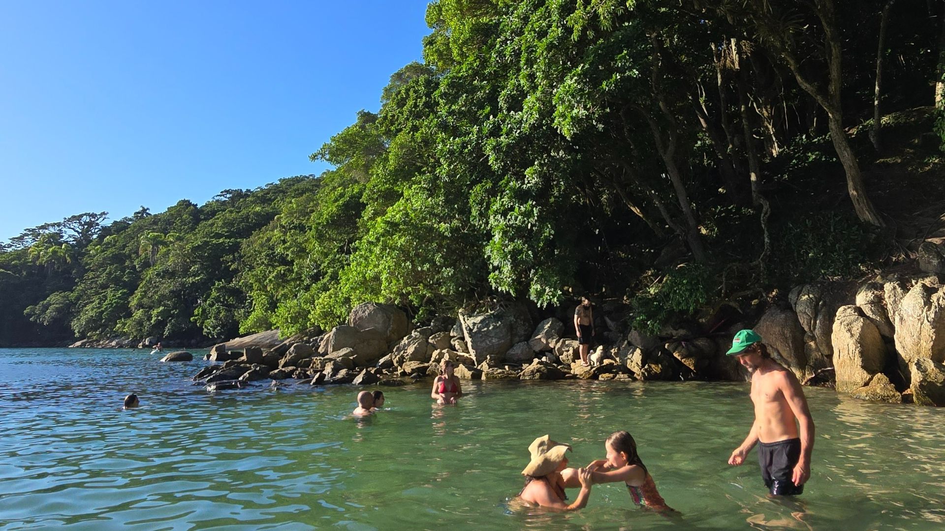 Families with children playing on a calm water beach, showing safe environment for travel in Bombinhas - Rocccoimob Real estate in Bombinhas