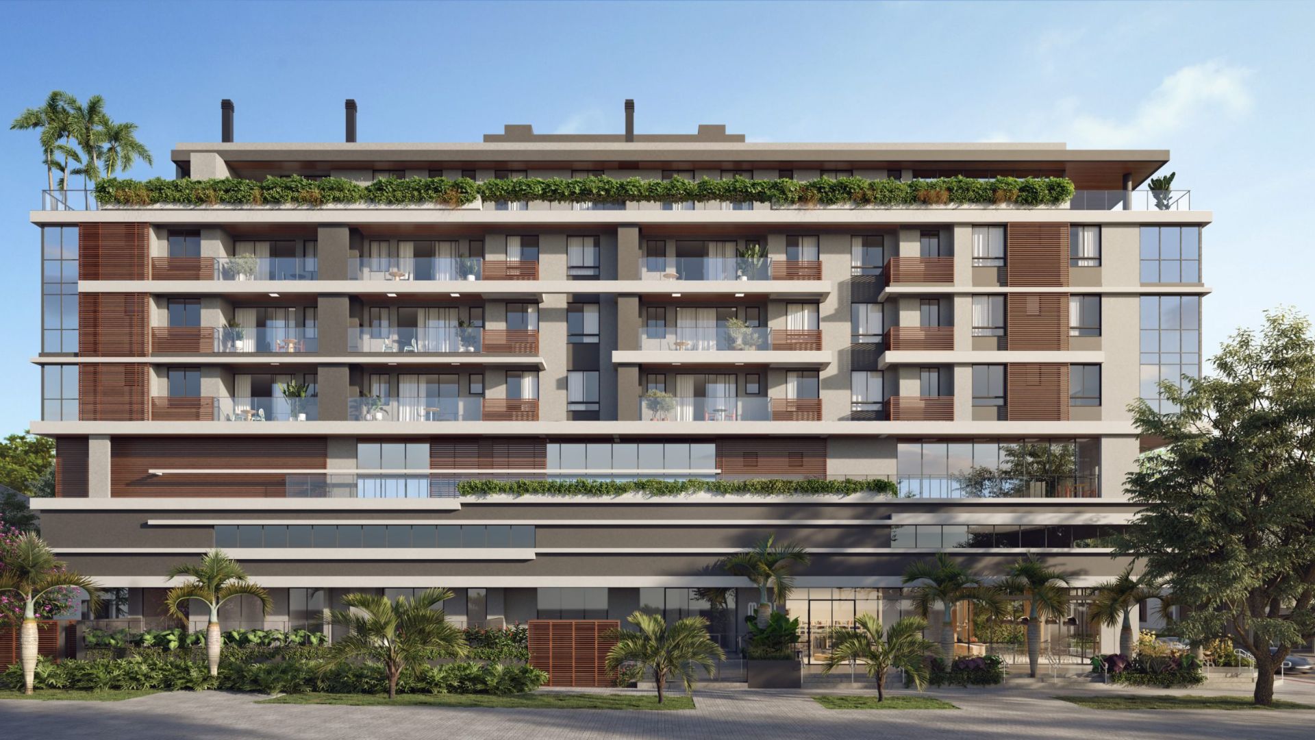 Fachada do Moai Residencial em Bombinhas, com arquitetura moderna e varandas distribuídas em toda a estrutura - Rocccoimob Imobiliária em Bombinhas