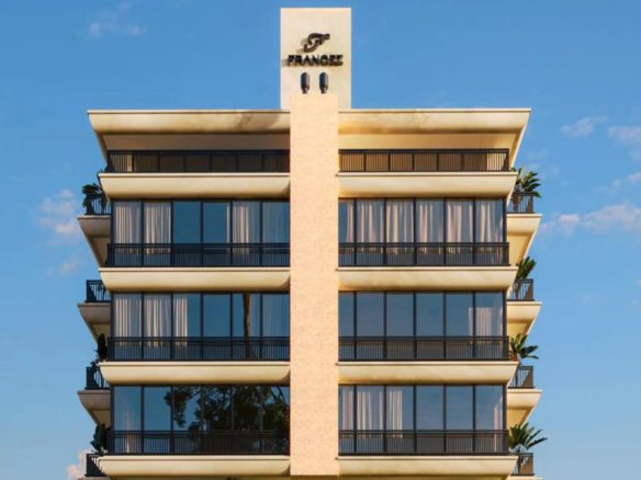 Fachada frontal de Mykonos en Canto Grande, un desarrollo de alta gama con arquitectura contemporánea, grandes balcones, líneas elegantes y acabado sofisticado - Rocccoimob Real Estate en Bombinhas