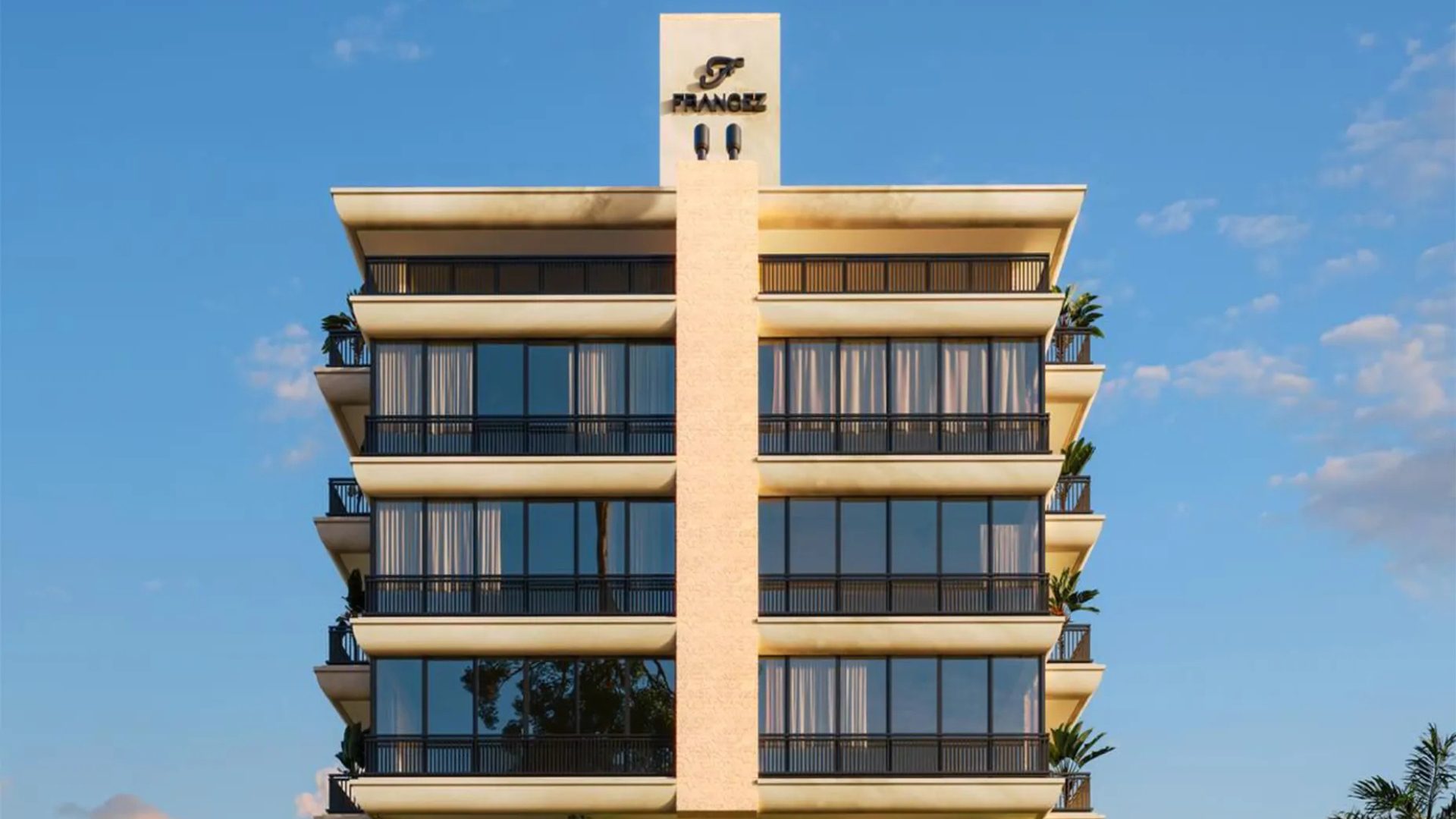 Fachada frontal do Mykonos em Canto Grande, empreendimento de alto padrão com arquitetura contemporânea, varandas amplas, linhas elegantes e acabamento sofisticado - Rocccoimob Imobiliária em Bombinhas