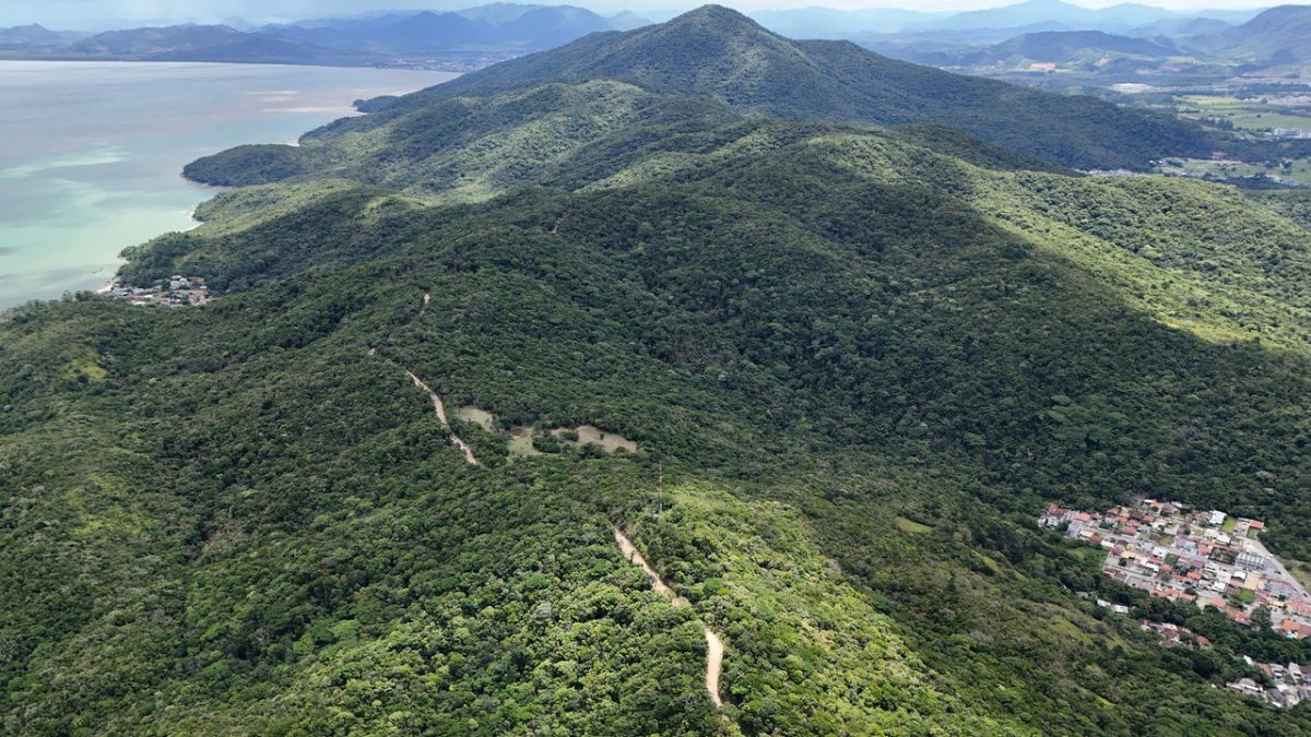 Imagen aérea del Morro da Antena en Bombinhas con vista de la bahía, relieve montañoso y sendero del futuro acceso por carretera entre Zimbros y Porto Belo - Rocccoimob Inmobiliario en Bombinhas