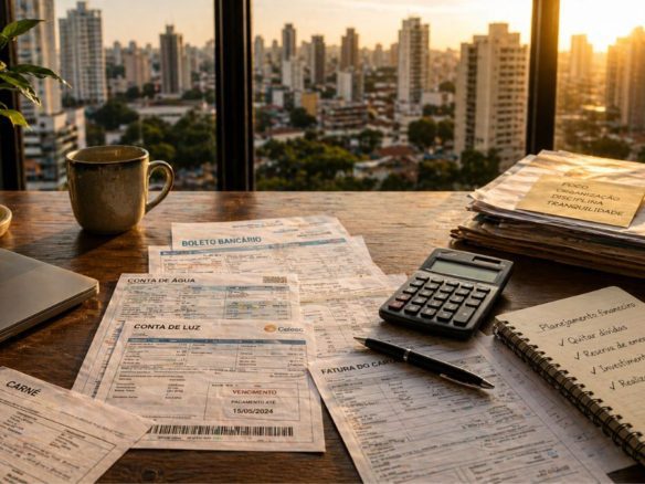 Bills, bills and calculator on a table with an urban view in the background, representing financial organization and debt renegotiation in Brazil - Rocccoimob Real Estate in Bombinhas