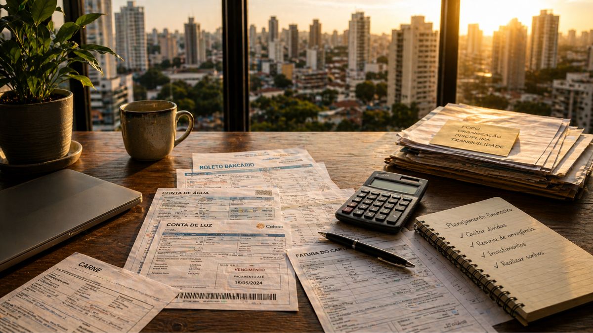 Contas, boletos e calculadora sobre mesa com vista urbana ao fundo, representando organização financeira e renegociação de dívidas no Brasil - Rocccoimob Imobiliária em Bombinhas