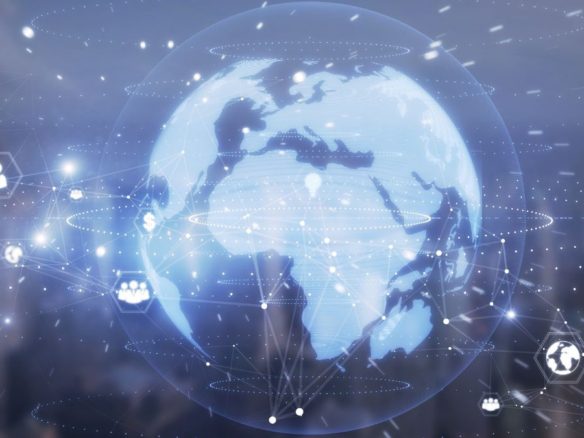 Globo digital com conexões globais e fluxo de dados, representando transformações e adaptação no valor dos territórios] - Rocccoimob Imobiliária em Bombinhas