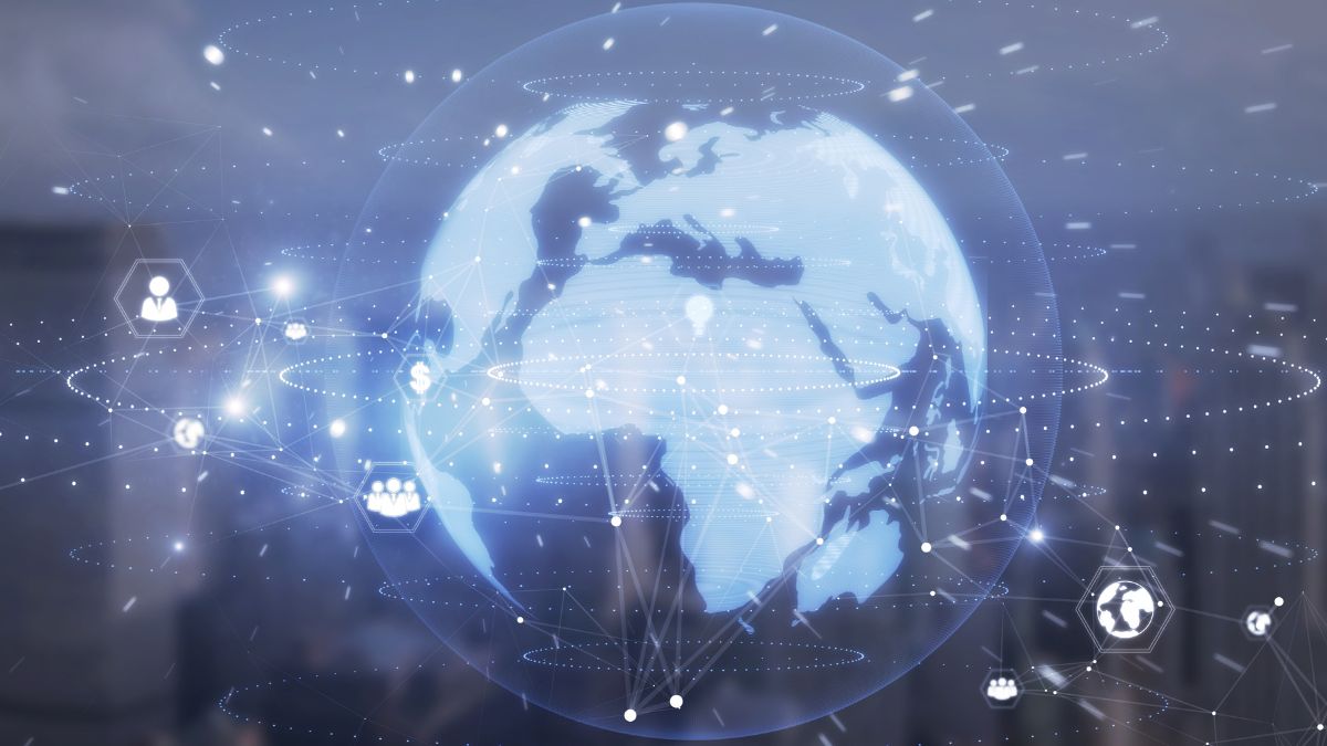 Globo digital com conexões globais e fluxo de dados, representando transformações e adaptação no valor dos territórios] - Rocccoimob Imobiliária em Bombinhas