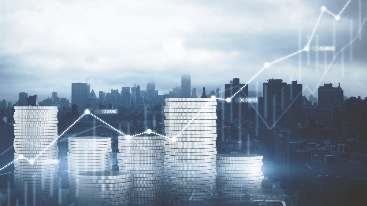 Gráfico de crecimiento financiero superpuesto a edificios urbanos, representando la apreciación inmobiliaria y nuevas oportunidades en el mercado inmobiliario brasileño - Rocccoimob Real Estate en Bombinhas