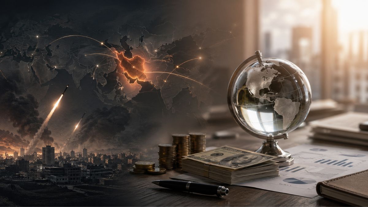 Imagem ilustrando investimentos em tempos de guerra com mapa global, conflito no Irã e ativos financeiros - Rocccoimob Imobiliária em Bombinhas