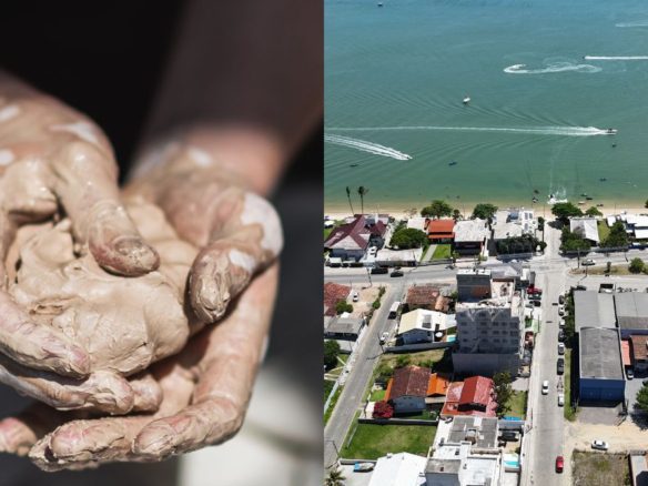 Hands molding clay next to an aerial view of Bombinhas, representing the connection between handicraft production and local urban and economic development - Rocccoimob Real Estate in Bombinhas