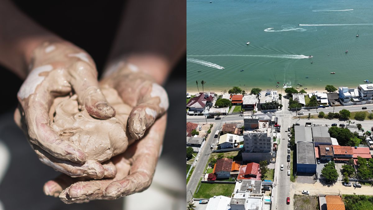 Mãos moldando argila ao lado de vista aérea de Bombinhas, representando a conexão entre produção artesanal e o desenvolvimento urbano e econômico local - Rocccoimob Imobiliária em Bombinhas