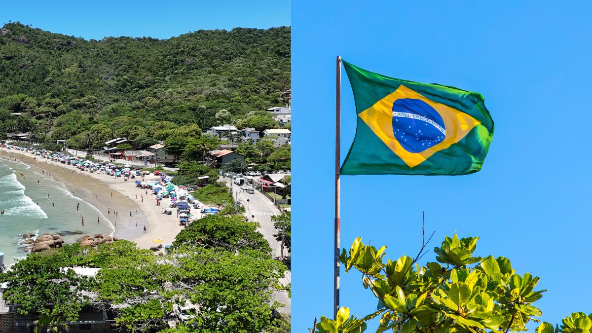 Praia movimentada com guarda sóis coloridos e vegetação ao redor em Bombinhas, ao lado da bandeira do Brasil hasteada contra o céu azul - Rocccoimob Imobiliária em Bombinhas