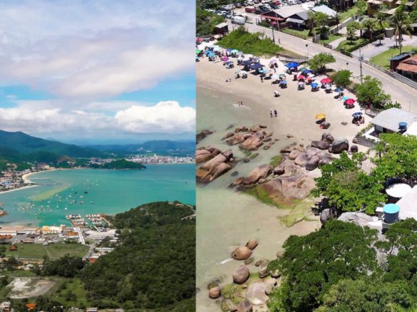 Vue aérienne de Bombinhas et Porto Belo, sur la côte de Santa Catarina, montrant des plages, des zones protégées de la forêt atlantique et la région évoquée pour le projet de la route du parc entre les municipalités. - Immobilier Rocccoimob à Bombinhas