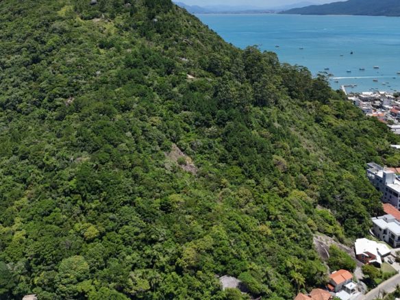 Vue aérienne de Bombinhas, à Santa Catarina, montrant une zone forestière préservée, une zone urbaine près de la mer et un développement immobilier sur la côte de Santa Catarina - Rocccoimob Real Estate à Bombinhas