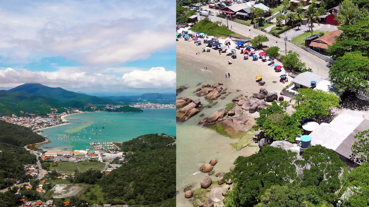 Aerial view of Bombinhas and Porto Belo, on the coast of Santa Catarina, showing beaches, preserved areas of the Atlantic Forest and the region discussed for the project of the Park Road between the municipalities. - Rocccoimob Real Estate in Bombinhas