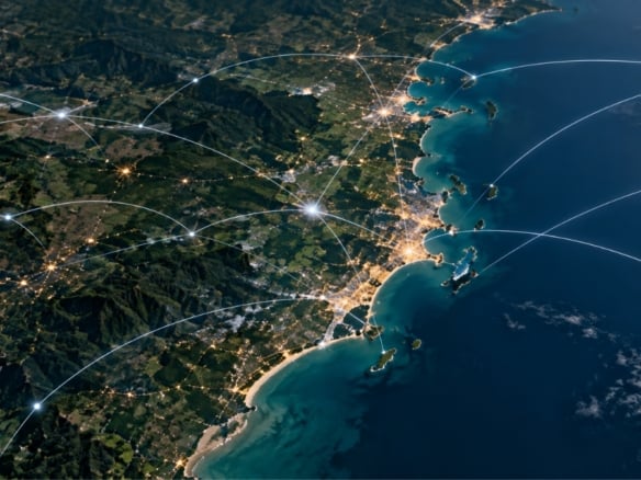 Vista aérea do litoral de Santa Catarina com conexões digitais representando tecnologia, dados e desenvolvimento regional - Rocccoimob Imobiliária em Bombinhas